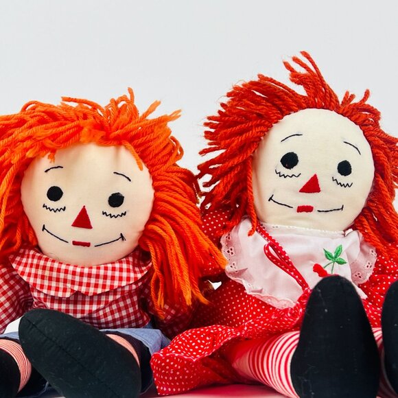 Vintage Raggedy Ann & Andy Dolls Soft Plush Pair 19” Red Polka Dot Clothes - Picture 10 of 11